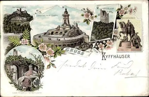 Litho Steinthaleben Kyffhäuserland, Kyffhäuser, Kaiser Wilhelm Denkmal, Barbarossa, Rothenburg