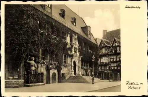 Ak Quedlinburg im Harz, Rathaus mit Roland