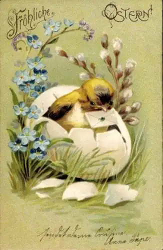 Präge Litho Glückwunsch Ostern, Küken schlüpft aus einem Ei