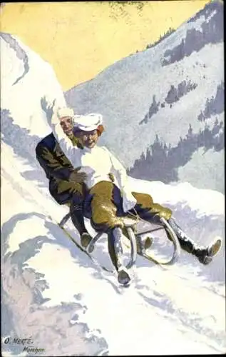 Künstler Ak Merté, Oskar, Paar auf einem Schlitten, Winterlandschaft