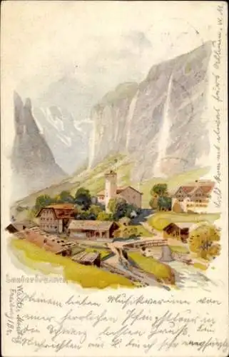 Litho Lauterbrunnen Kanton Bern, Totalansicht, Wasserfälle