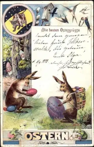 Litho Glückwunsch Ostern, Osterhasen, Ostereier, Sternzeichen Stier, Frösche