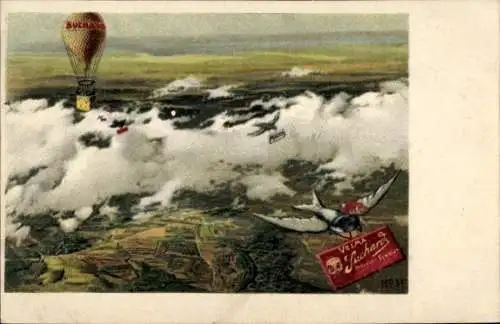 Litho Reklame Suchard, Landschaft, Ballon über den Wolken