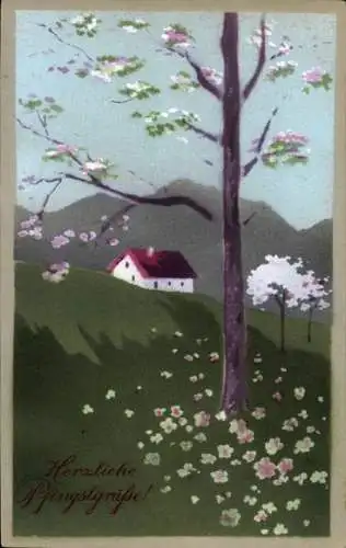 Künstler Ak Glückwunsch Pfingsten, Wohnhaus, Baumblüte