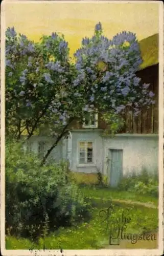 Künstler Ak Glückwunsch Pfingsten, Wohnhaus, Baumblüte