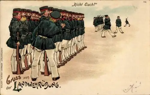 Litho Landwehrübung, Deutsche Soldaten in Uniformen, Soldatenleben