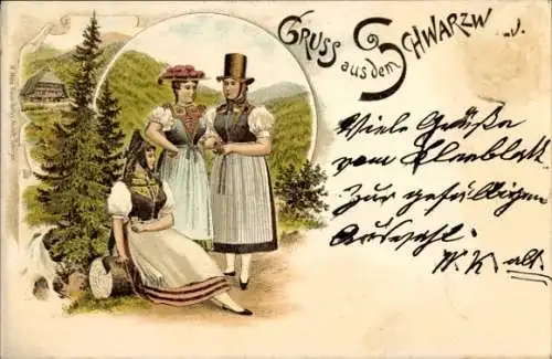 Vorläufer Litho Gruß aus dem Schwarzwald, Frau in Zylinder, Bommelhut