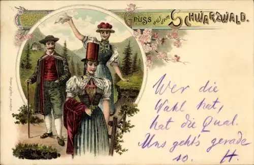 Litho Gruß aus dem Schwarzwald, Familie in Schwarzwälder Tracht