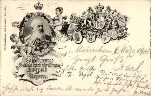 Ak Prinzregent Luitpold von Bayern, 80. Geburtstag 1901, Wappen