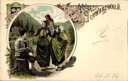 Litho Gruß aus dem Schwarzwald, Frauen und Mann in Trachten