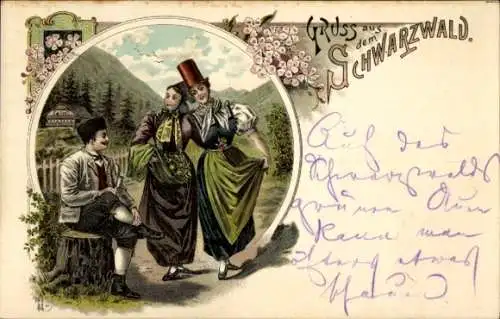 Litho Gruß aus dem Schwarzwald, Frauen und Mann in Trachten