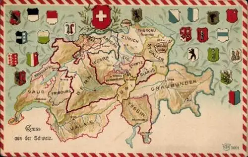 Präge Landkarten Litho Schweiz, Luzern, Bern, Graubünden, Zürich