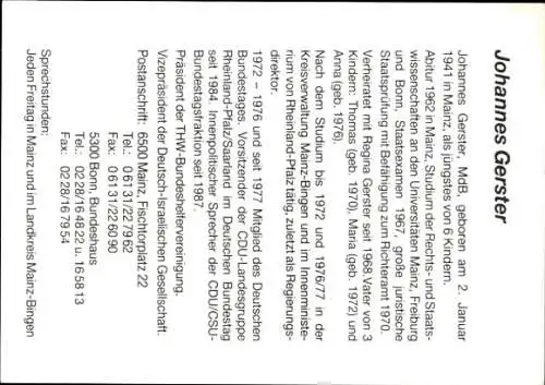 Autogrammkarte MdB Johannes Gerster, CDU, Autogramm