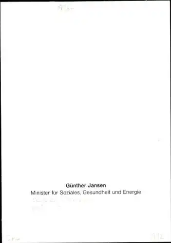 Foto Politiker Günther Jansen, Portrait, Sozialminister, Autogramm
