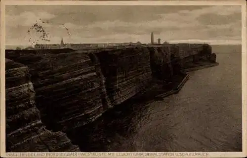 Ak Nordseeinsel Helgoland, Westküste mit Leuchtturm, Signalstation und Schutzmauer