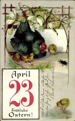 Präge Litho Glückwunsch Ostern, Henne, Küken, Kalender