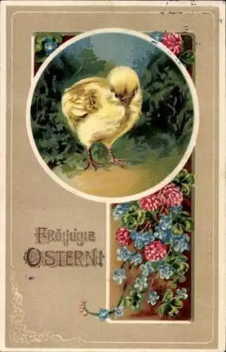 Präge Ak Glückwunsch Ostern, Küken, Blumen