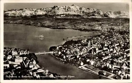 Ak Konstanz am Bodensee, Panorama, Rheinausfluss, Schweizer Alpen