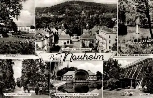 Ak Bad Nauheim in Hessen, Kurhaus, Sprudel, Johannisberg, Saline, Kurpark-Promenade