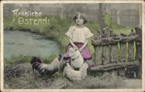 Ak Glückwunsch Ostern, Mädchen, Hühner, Lamm