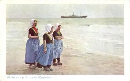 Ak Zeeland, Kinder am Strand, Niederländische Volkstracht