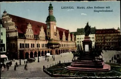 Ak Leipzig in Sachsen, Markt, altes Rathaus mit Siegesdenkmal