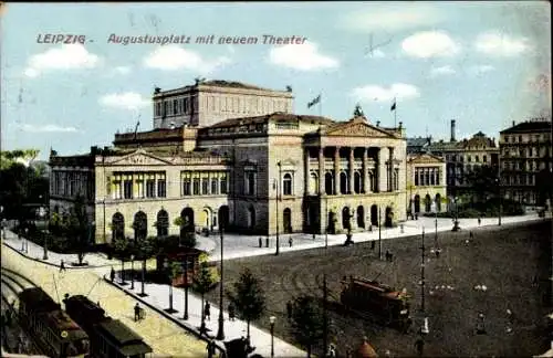 Ak Leipzig in Sachsen, Augustusplatz, neues Theater, Straßenbahnen