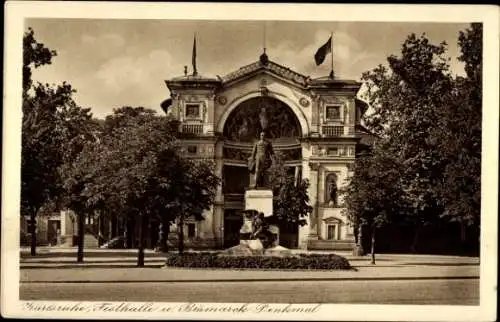 Ak Karlsruhe in Baden, Festhalle und Bismarck-Denkmal