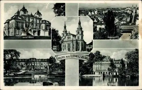 Ak Ludwigsburg in Württemberg, Gesamtansicht, Schloss Favorite, Monrepos, Stadtkirche