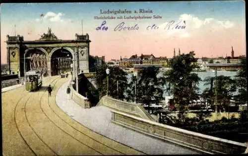 Ak Ludwigshafen am Rhein, Rheinbrücke, Straßenbahn