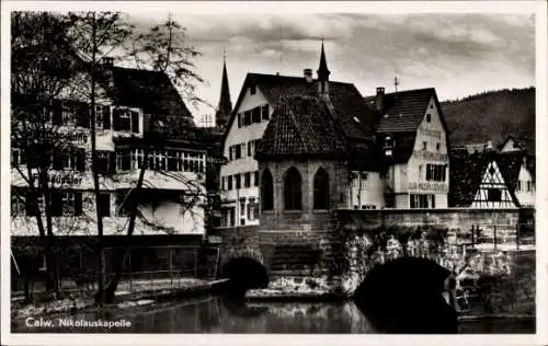 Ak Calw im Schwarzwald, Nikolauskapelle, Brücke