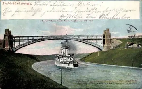 Ak Levensau Neuwittenbek in Schleswig Holstein, Kaiser Wilhelm Kanal, Kriegsschiff, Hochbrücke