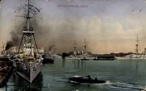 Ak Wilhelmshaven an der Nordsee, Hafen, Kriegsschiffe, Kaiserliche Marine