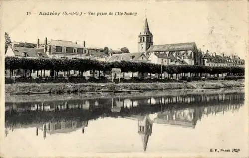 Ak Andrésy Yvelines, Vue prise de l'Ile Nancy, Kirche