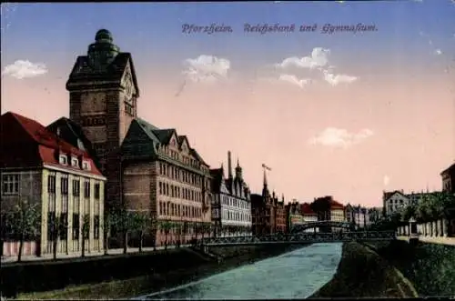 Ak Pforzheim im Schwarzwald, Reichsbank, Gymnasium, Brücke