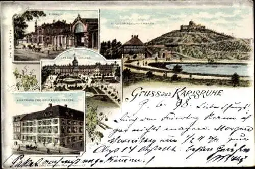 Litho Karlsruhe in Baden, Bahnhof, Stadtgarten Lauterberg, Schloss, Gasthaus zur Goldenen Traube