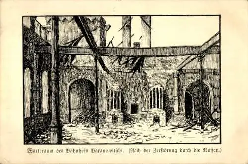 Ak Baranawitschy Baranowitschi Baranowicze Weißrussland, zerstörter Warteraum vom Bahnhof