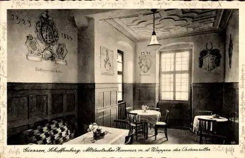 Ak Gießen an der Lahn Hessen, Domäne Schiffenberg, Altdeutsches Zimmer, Wappen der Ordensritter