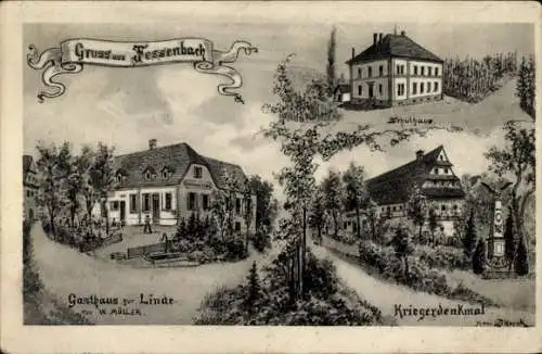 Künstler Ak Fessenbach Offenburg in Baden Schwarzwald, Gasthaus zur Linde, Schulhaus, Kriegerdenkmal