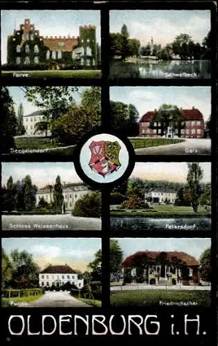 Ak Oldenburg in Holstein, Schloss Weissenhaus, Friedrichsthal, Schwelbeck, Farve, Wappen