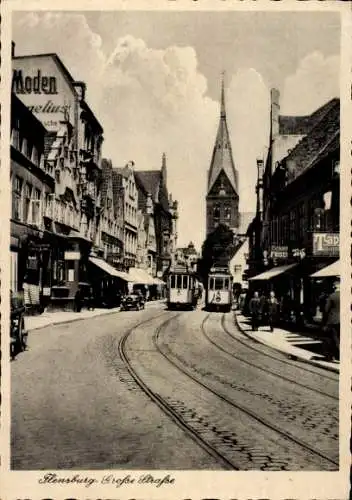 Ak Flensburg, Große Straße, Straßenbahnen, Geschäfte