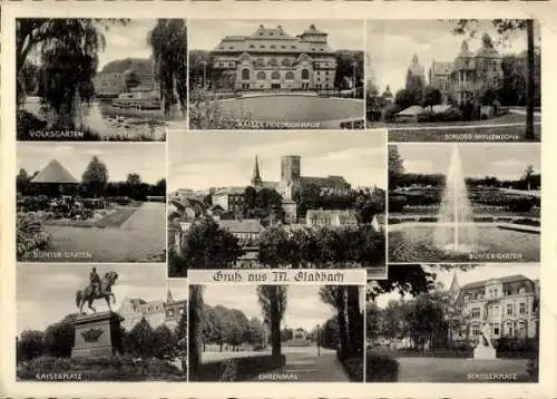 Ak Mönchengladbach am Niederrhein, Volksgarten, Kaiser Friedrich Halle, Kaiserplatz, Schillerplatz