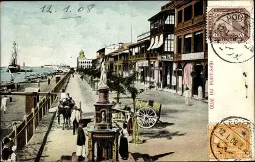 Ak Port Said Ägypten, Quai, Straßenpartie mit Blick auf Statue, Fuhrwerk