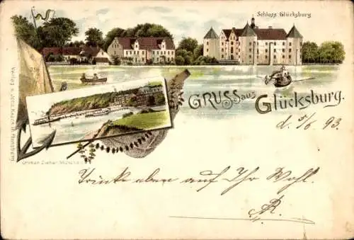 Litho Glücksburg an der Ostsee, Schloss, Boote, Anker