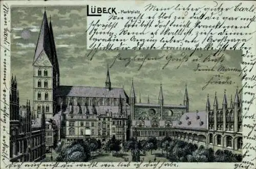 Mondschein Litho Hansestadt Lübeck, Marktplatz, Kirche