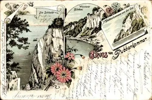 Litho Stubbenkammer Sassnitz auf Rügen, Blick von der Ostsee, Schlucht, Wissower Klinker