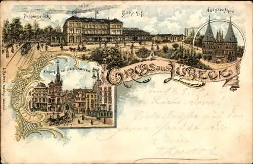 Litho Hansestadt Lübeck, Bahnhof, Puppenbrücke, Holstentor, Holstenstraße