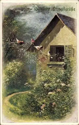 Künstler Ak Glückwunsch Pfingsten, Wohnhaus, Vögel