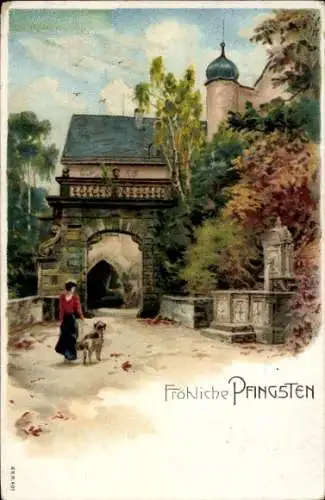 Litho Glückwunsch Pfingsten, Kirche, Frau mit Hund