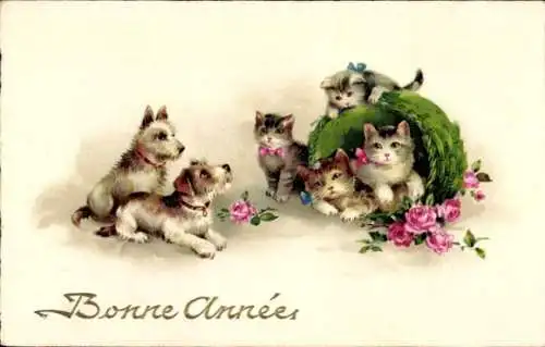 Ak Glückwunsch Neujahr, Katzen und Hunde